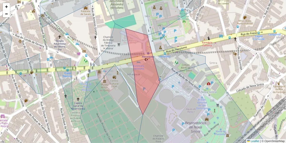 Mapa detalhado do código postal 4300-259 com limites, códigos postais vizinhos e agências dos correios