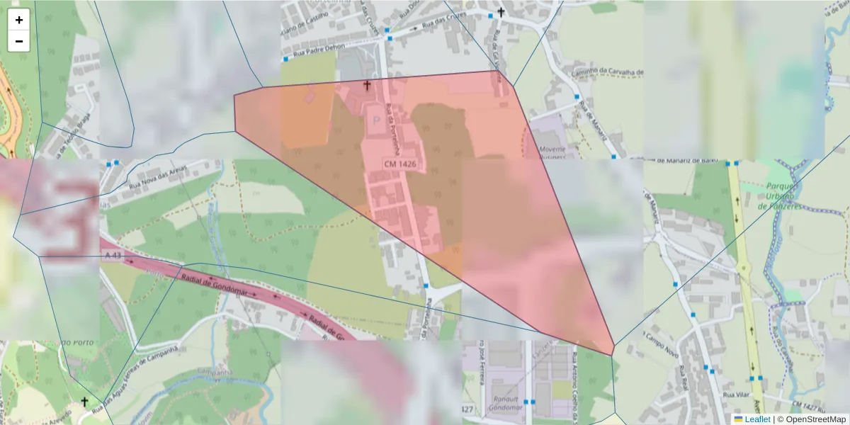 Mapa detalhado do código postal 4300-540 com limites, códigos postais vizinhos e agências dos correios