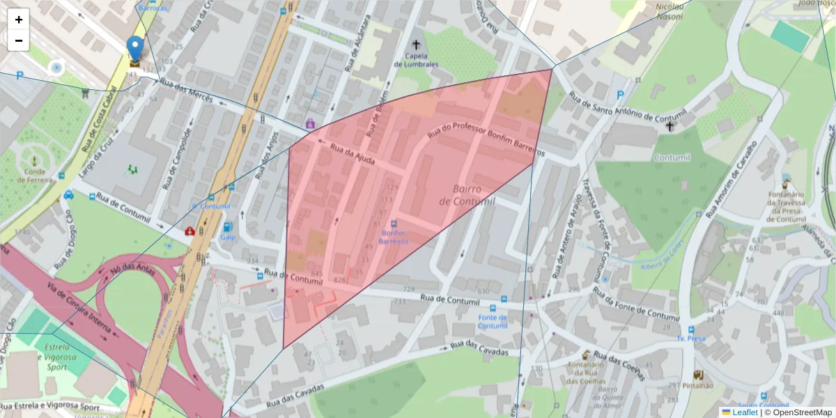 Mapa detalhado do código postal 4350-098 com limites, códigos postais vizinhos e agências dos correios