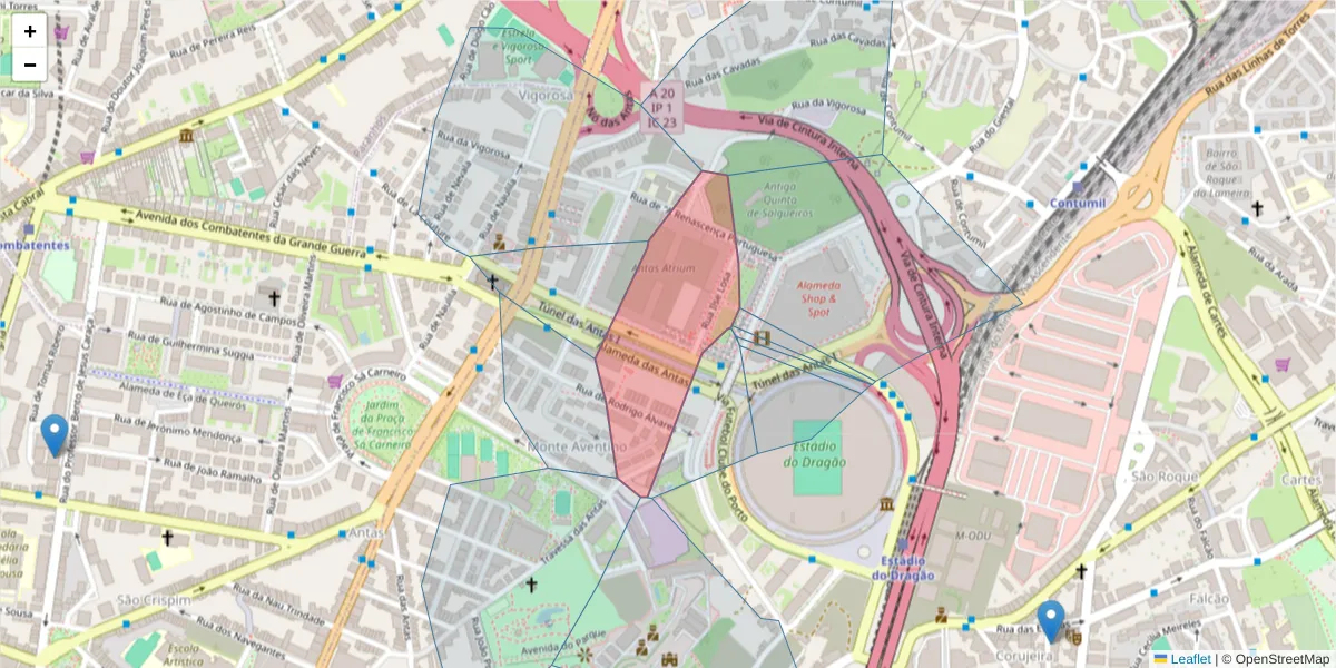 Mapa detalhado do código postal 4350-110 com limites, códigos postais vizinhos e agências dos correios