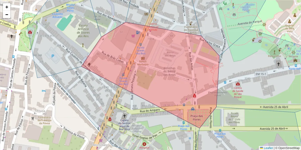 Mapa detalhado do código postal 4350-154 com limites, códigos postais vizinhos e agências dos correios