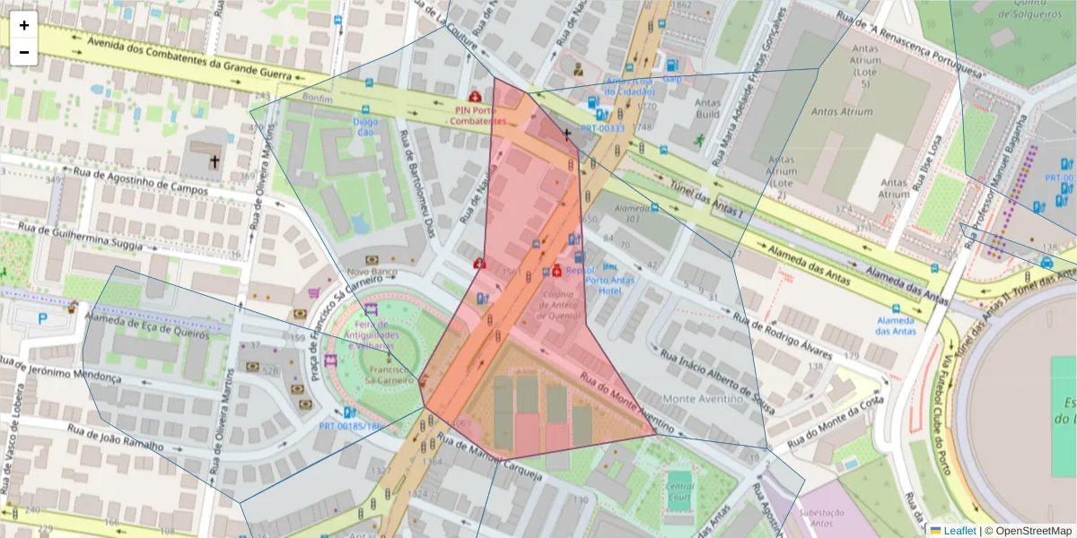 Mapa detalhado do código postal 4350-157 com limites, códigos postais vizinhos e agências dos correios