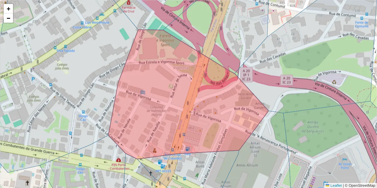 Mapa detalhado do código postal 4350-158 com limites, códigos postais vizinhos e agências dos correios
