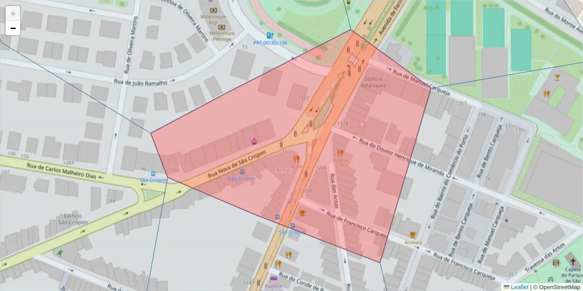 Mapa detalhado do código postal 4350-195 com limites, códigos postais vizinhos e agências dos correios