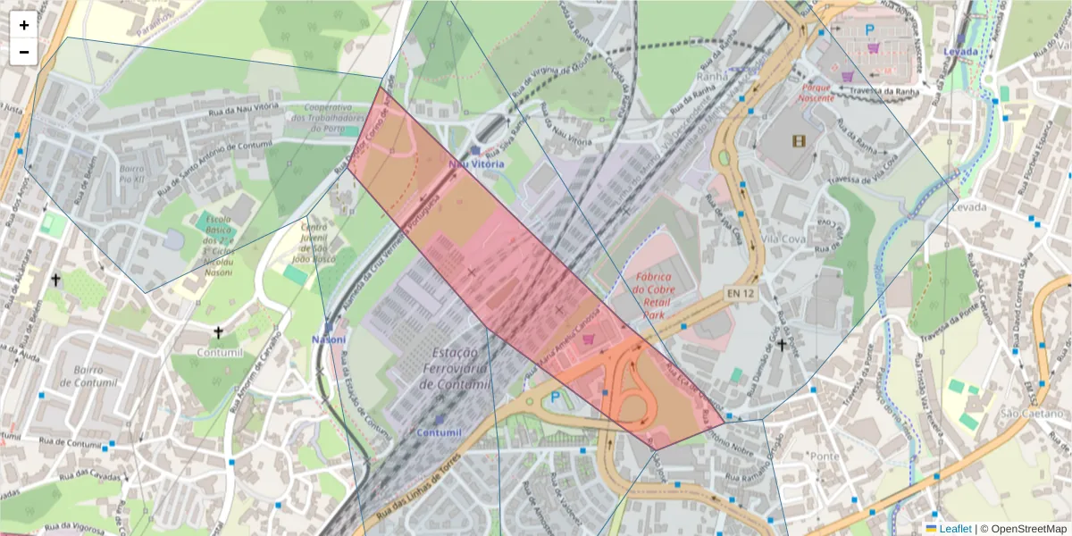 Mapa detalhado do código postal 4350-214 com limites, códigos postais vizinhos e agências dos correios