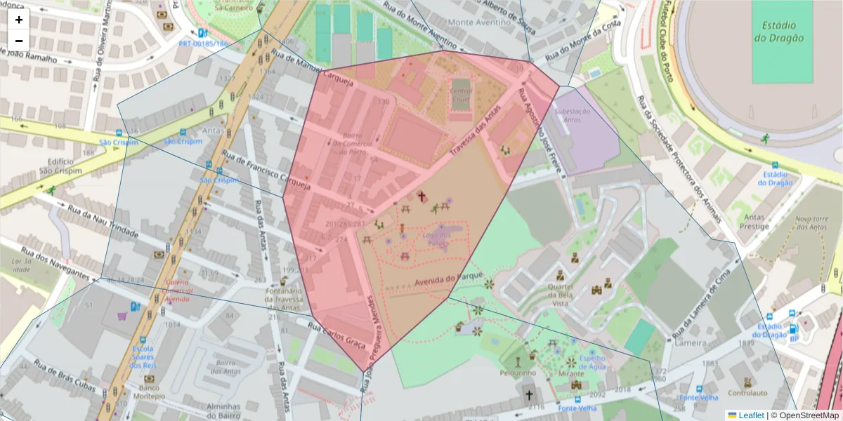 Mapa detalhado do código postal 4350-223 com limites, códigos postais vizinhos e agências dos correios