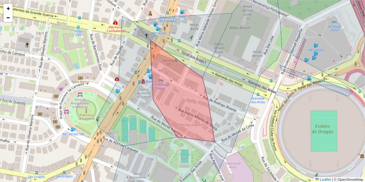 Mapa detalhado do código postal 4350-226 com limites, códigos postais vizinhos e agências dos correios