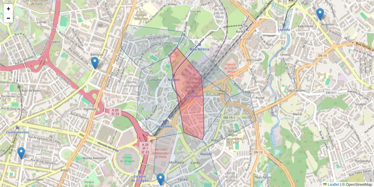 Mapa detalhado do código postal 4350-251 com limites, códigos postais vizinhos e agências dos correios
