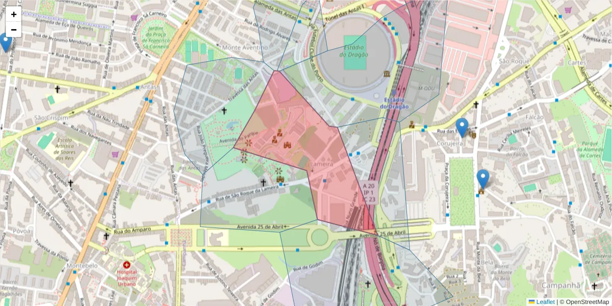 Mapa detalhado do código postal 4350-315 com limites, códigos postais vizinhos e agências dos correios