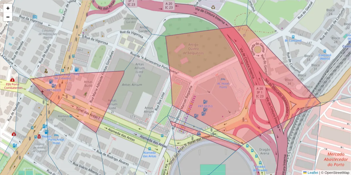Mapa detalhado do código postal 4350-414 com limites, códigos postais vizinhos e agências dos correios