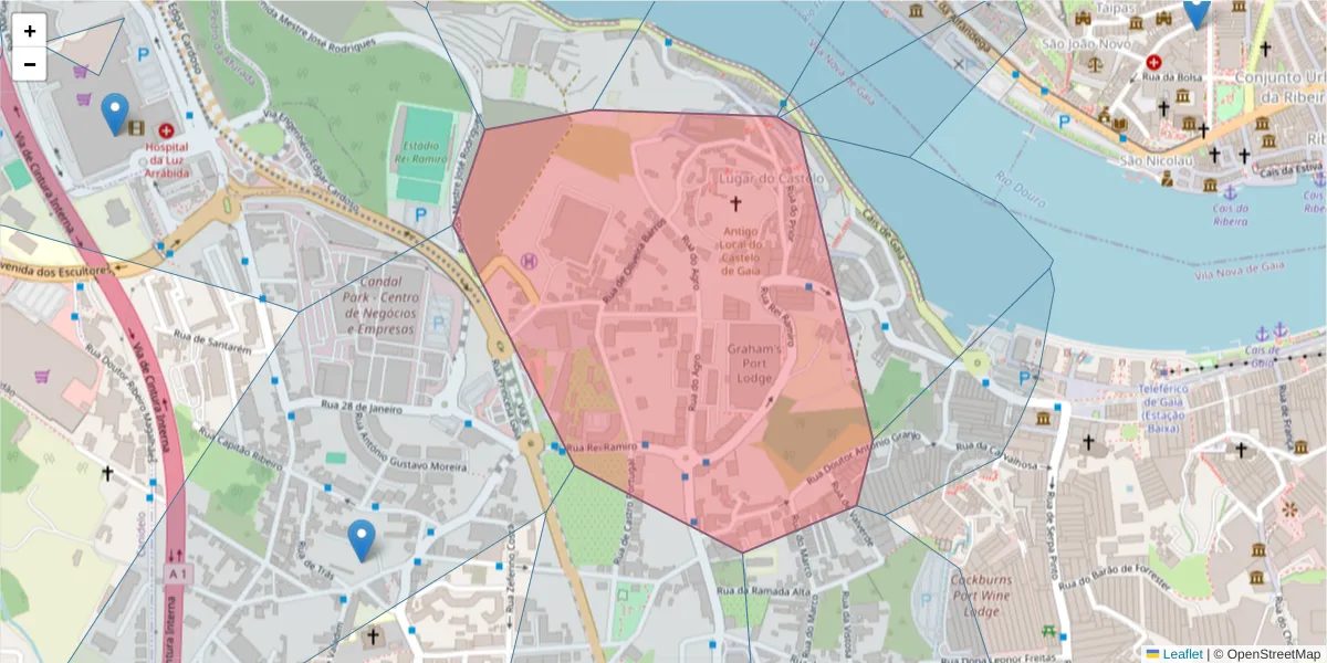 Mapa detalhado do código postal 4400-003 com limites, códigos postais vizinhos e agências dos correios