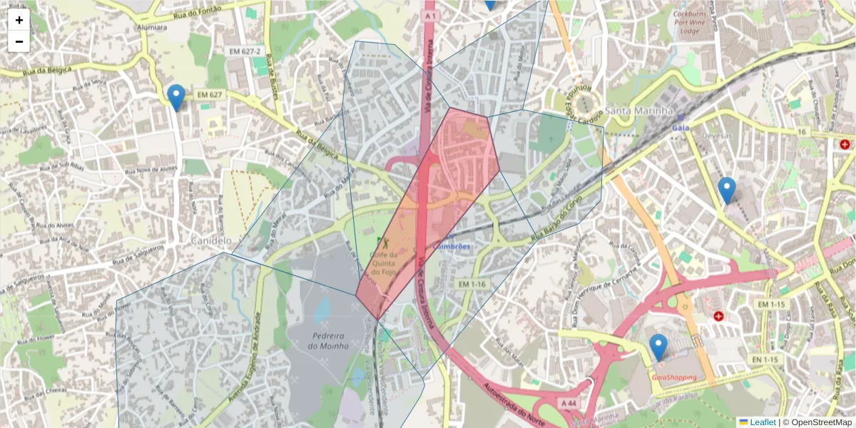 Mapa detalhado do código postal 4400-055 com limites, códigos postais vizinhos e agências dos correios
