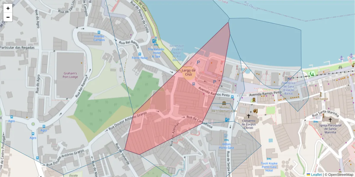 Mapa detalhado do código postal 4400-082 com limites, códigos postais vizinhos e agências dos correios