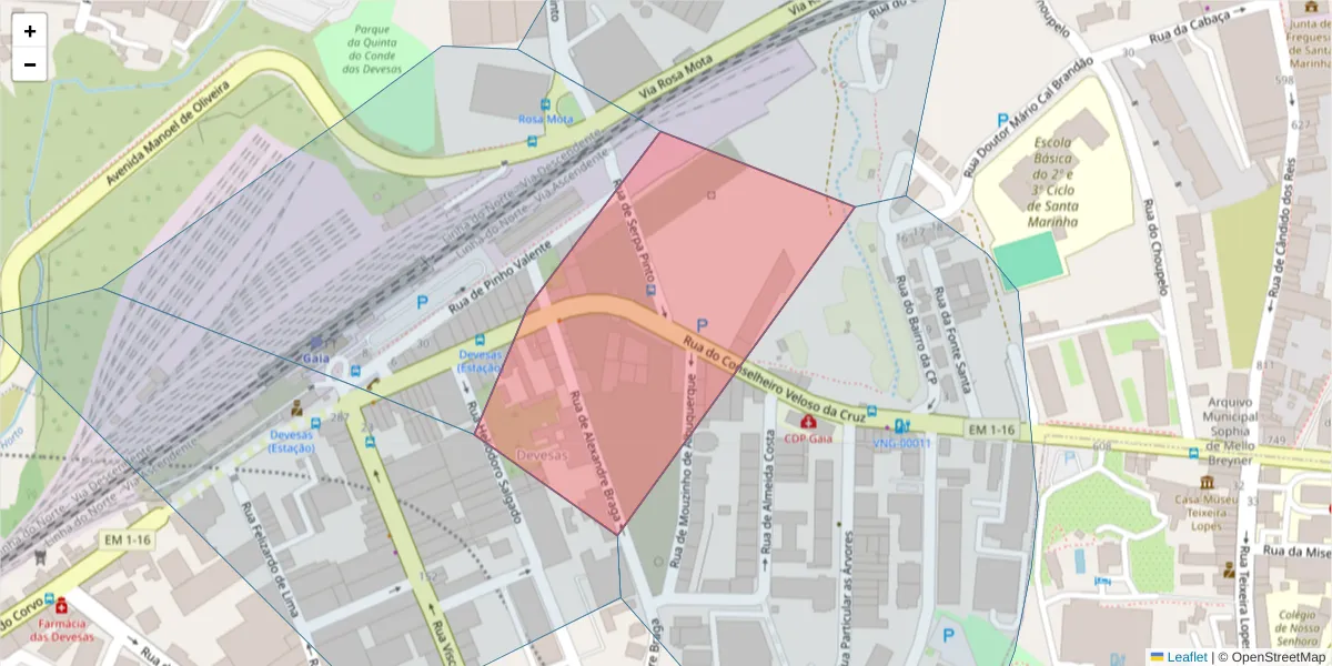 Mapa detalhado do código postal 4400-092 com limites, códigos postais vizinhos e agências dos correios