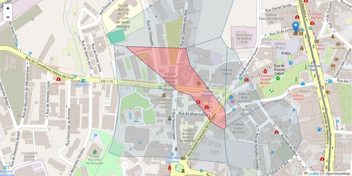 Mapa detalhado do código postal 4400-095 com limites, códigos postais vizinhos e agências dos correios
