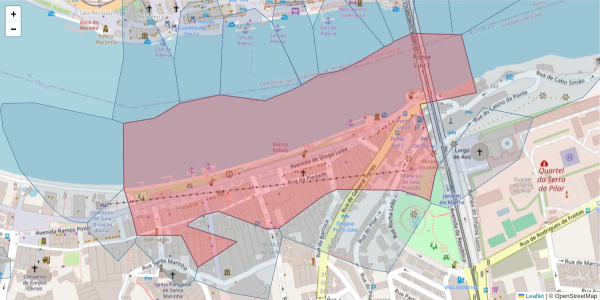 Mapa detalhado do código postal 4400-111 com limites, códigos postais vizinhos e agências dos correios