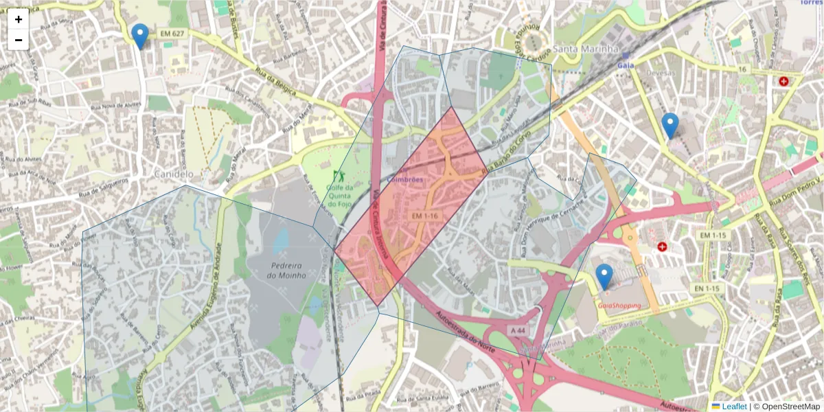 Mapa detalhado do código postal 4400-121 com limites, códigos postais vizinhos e agências dos correios