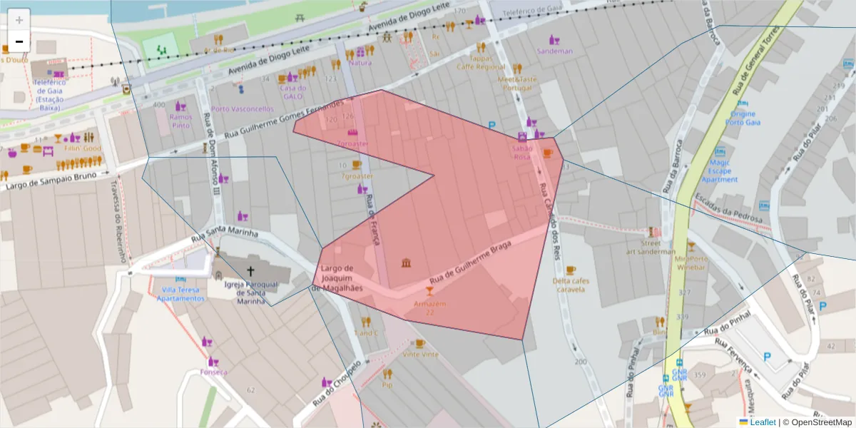 Mapa detalhado do código postal 4400-174 com limites, códigos postais vizinhos e agências dos correios