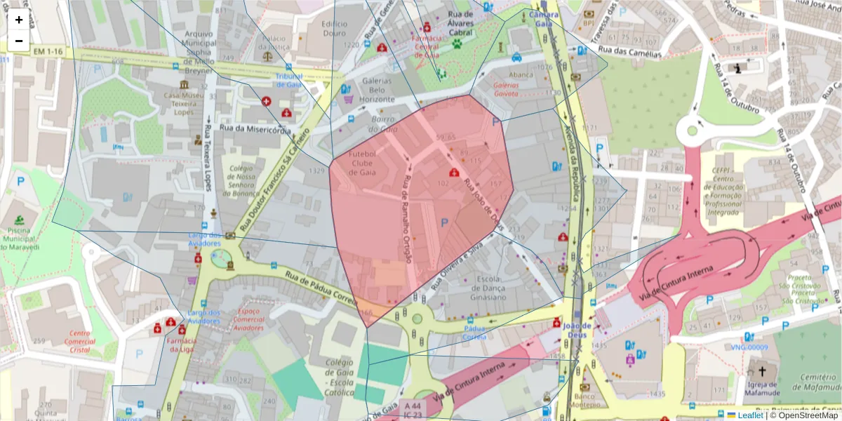 Mapa detalhado do código postal 4400-182 com limites, códigos postais vizinhos e agências dos correios