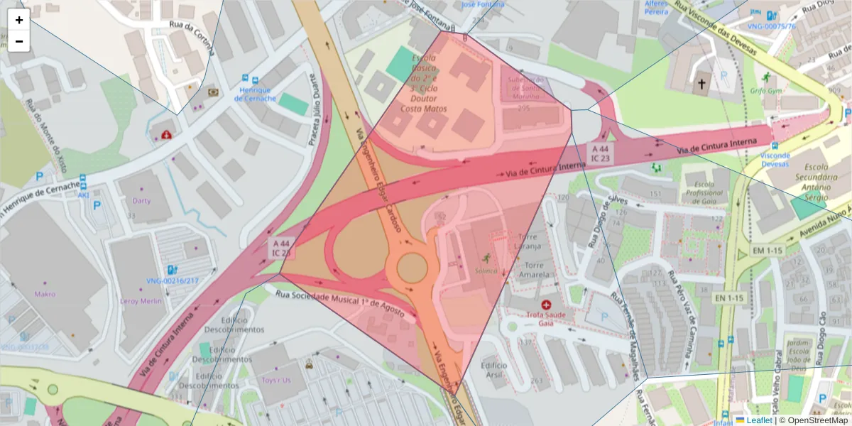 Mapa detalhado do código postal 4400-194 com limites, códigos postais vizinhos e agências dos correios