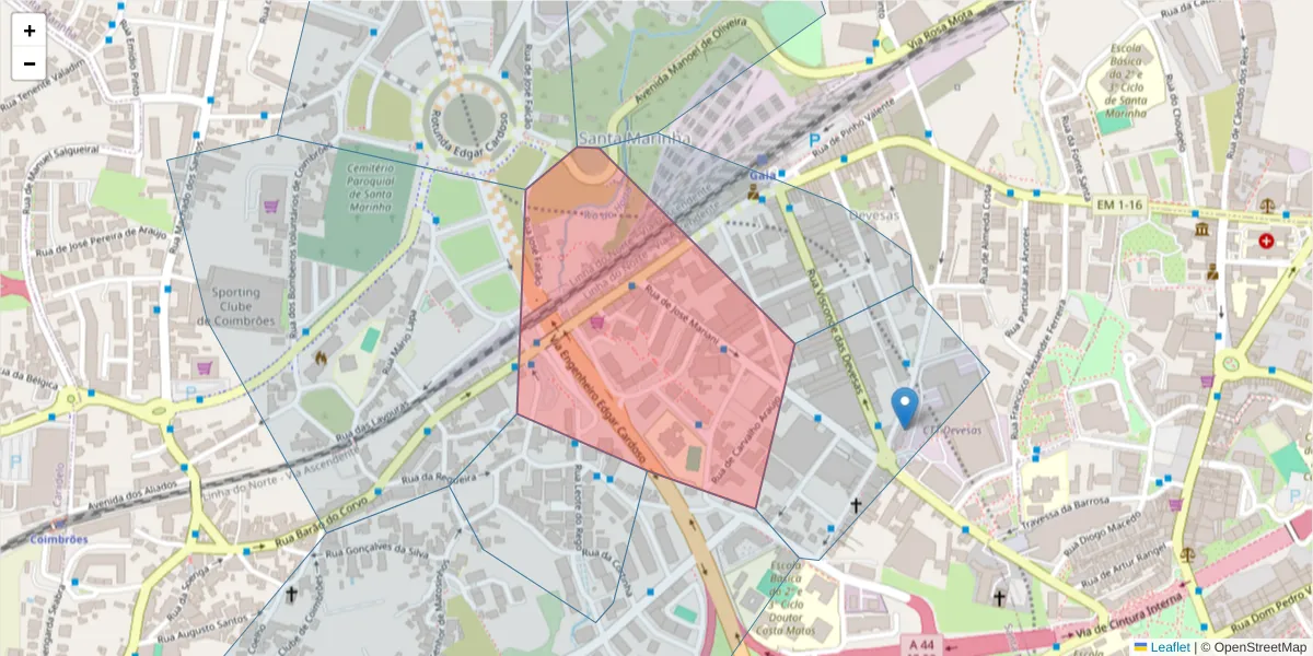 Mapa detalhado do código postal 4400-197 com limites, códigos postais vizinhos e agências dos correios