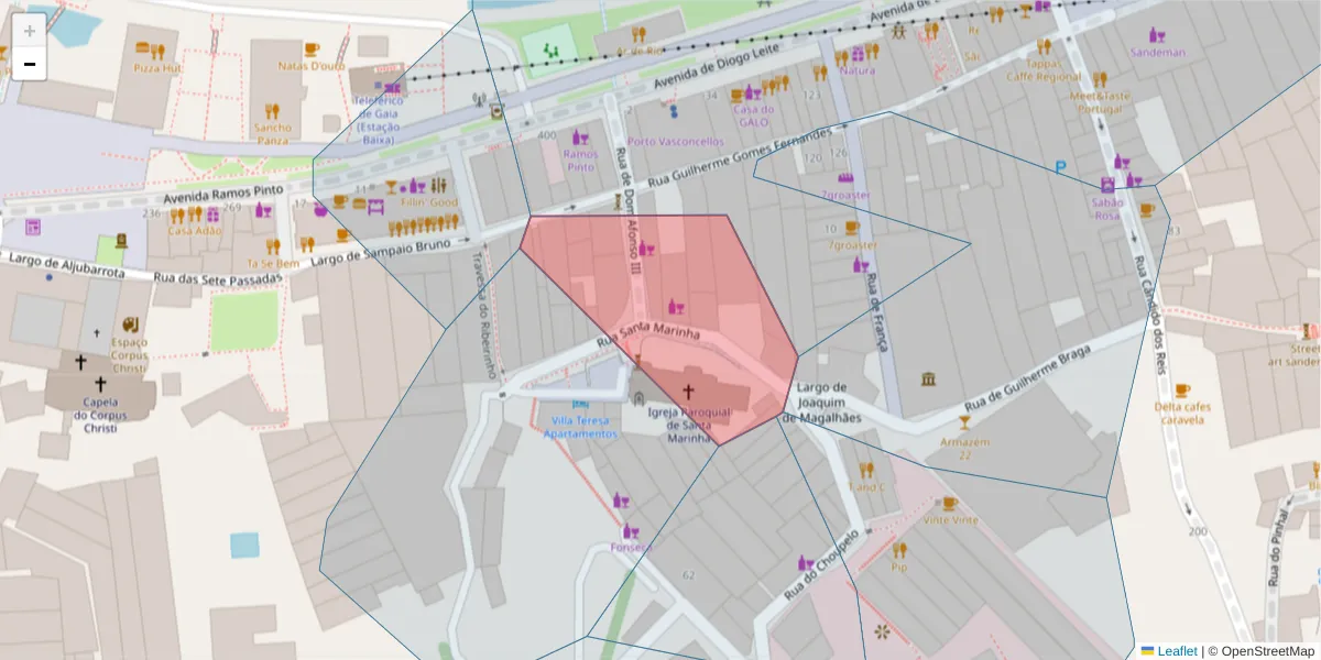 Mapa detalhado do código postal 4400-291 com limites, códigos postais vizinhos e agências dos correios