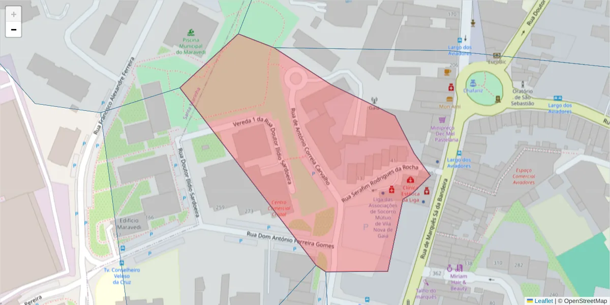 Mapa detalhado do código postal 4400-306 com limites, códigos postais vizinhos e agências dos correios