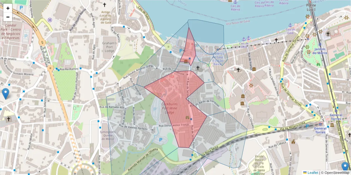 Mapa detalhado do código postal 4400-307 com limites, códigos postais vizinhos e agências dos correios
