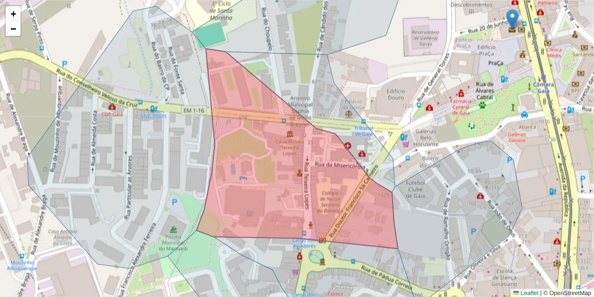 Mapa detalhado do código postal 4400-320 com limites, códigos postais vizinhos e agências dos correios