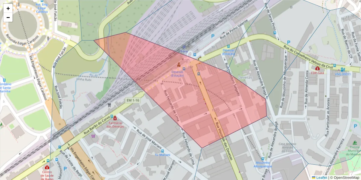 Mapa detalhado do código postal 4400-336 com limites, códigos postais vizinhos e agências dos correios