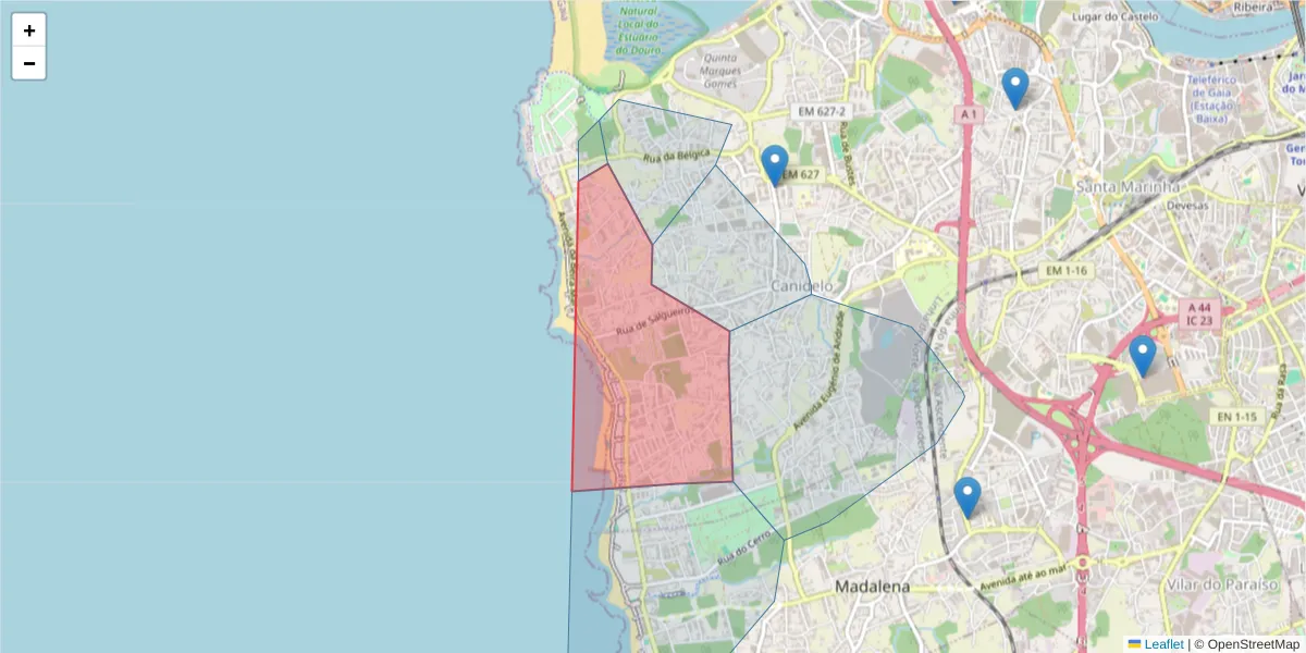 Mapa detalhado do código postal 4400-382 com limites, códigos postais vizinhos e agências dos correios