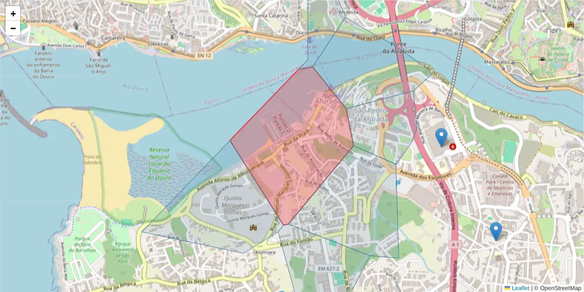 Mapa detalhado do código postal 4400-434 com limites, códigos postais vizinhos e agências dos correios