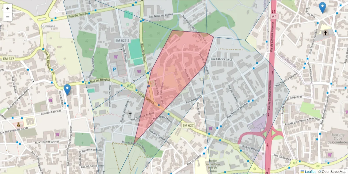 Mapa detalhado do código postal 4400-450 com limites, códigos postais vizinhos e agências dos correios