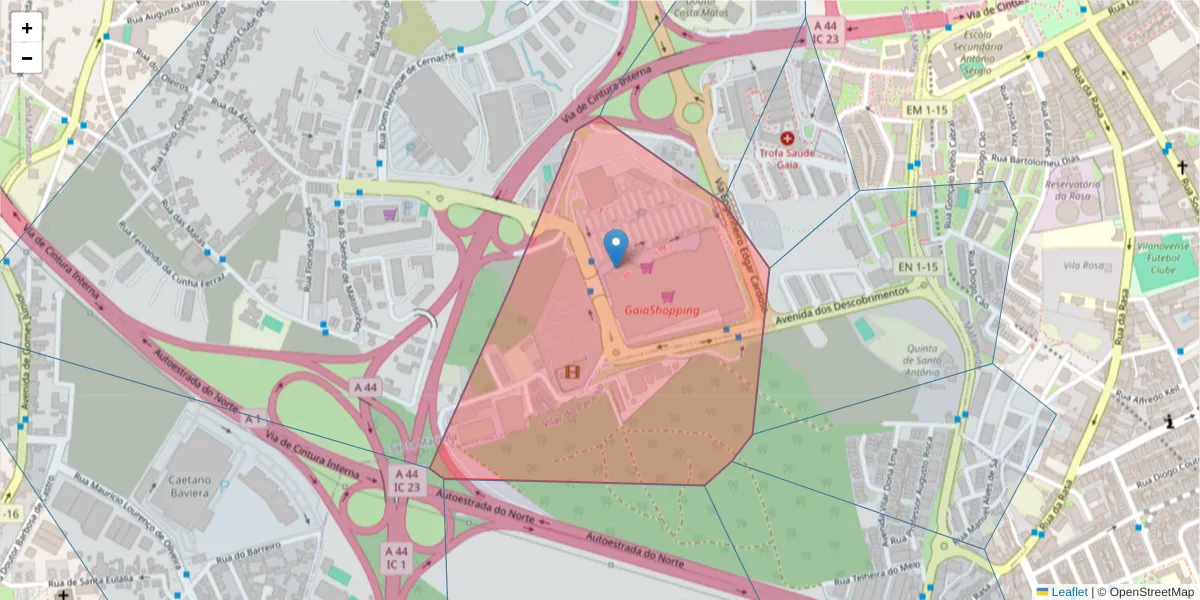 Mapa detalhado do código postal 4400-503 com limites, códigos postais vizinhos e agências dos correios