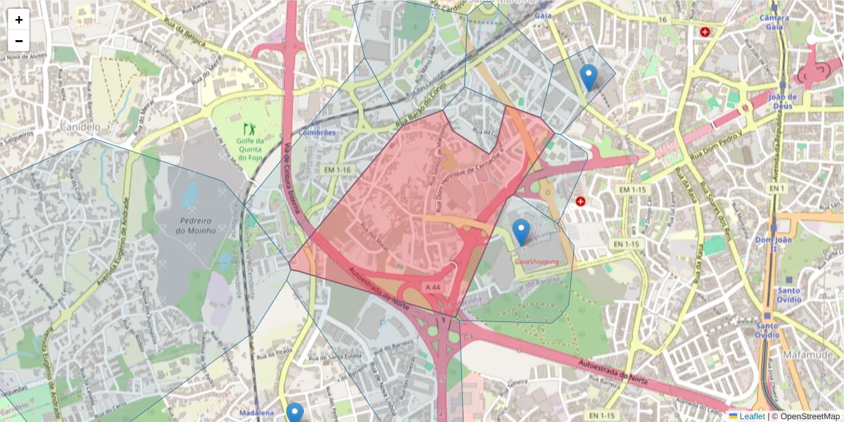 Mapa detalhado do código postal 4400-625 com limites, códigos postais vizinhos e agências dos correios