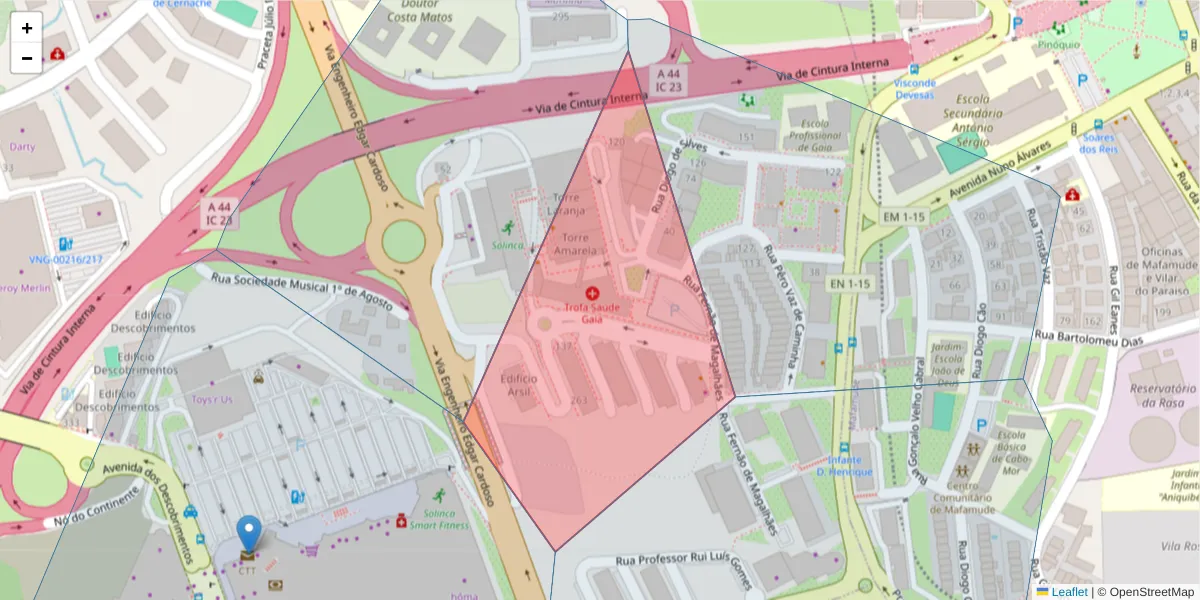 Mapa detalhado do código postal 4400-629 com limites, códigos postais vizinhos e agências dos correios