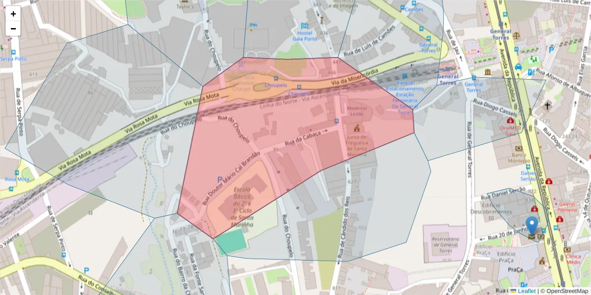 Mapa detalhado do código postal 4400-700 com limites, códigos postais vizinhos e agências dos correios