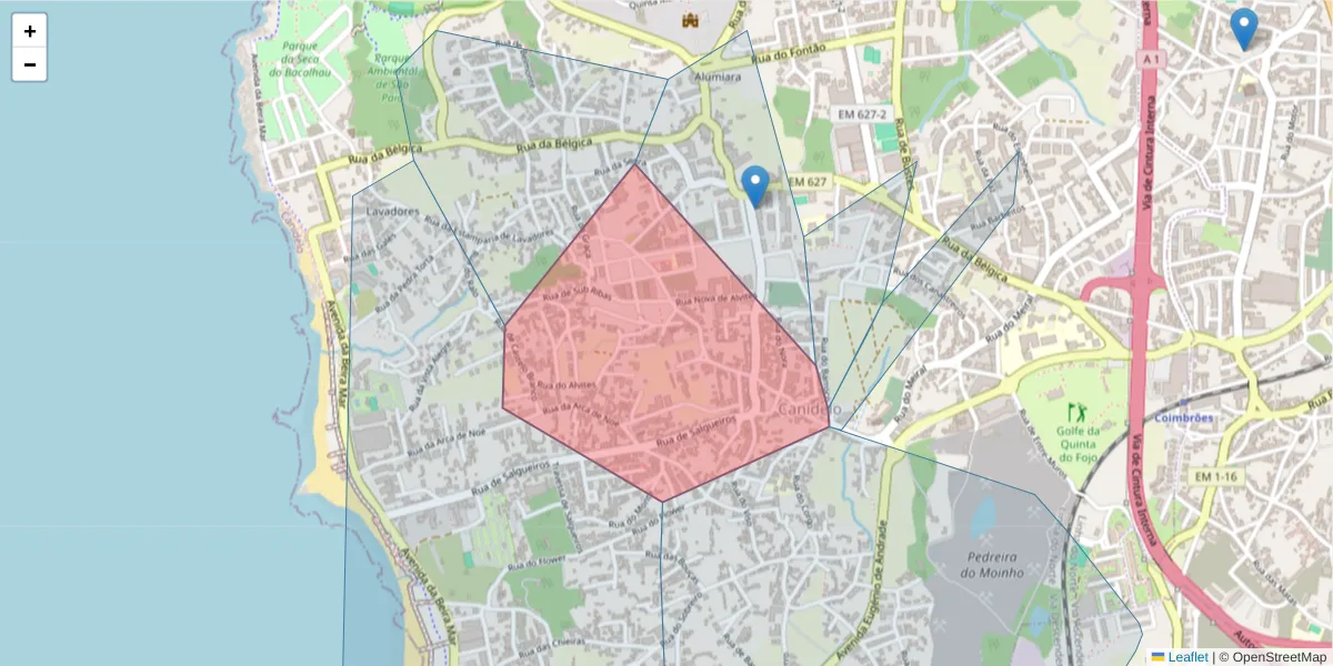 Mapa detalhado do código postal 4400-712 com limites, códigos postais vizinhos e agências dos correios