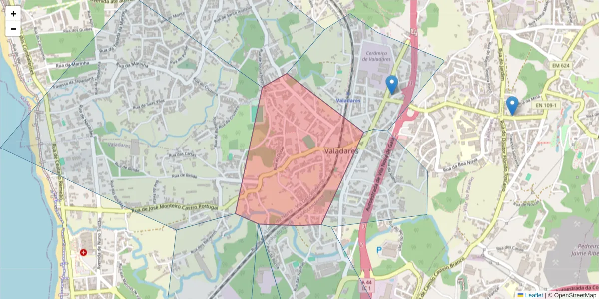 Mapa detalhado do código postal 4405-000 com limites, códigos postais vizinhos e agências dos correios