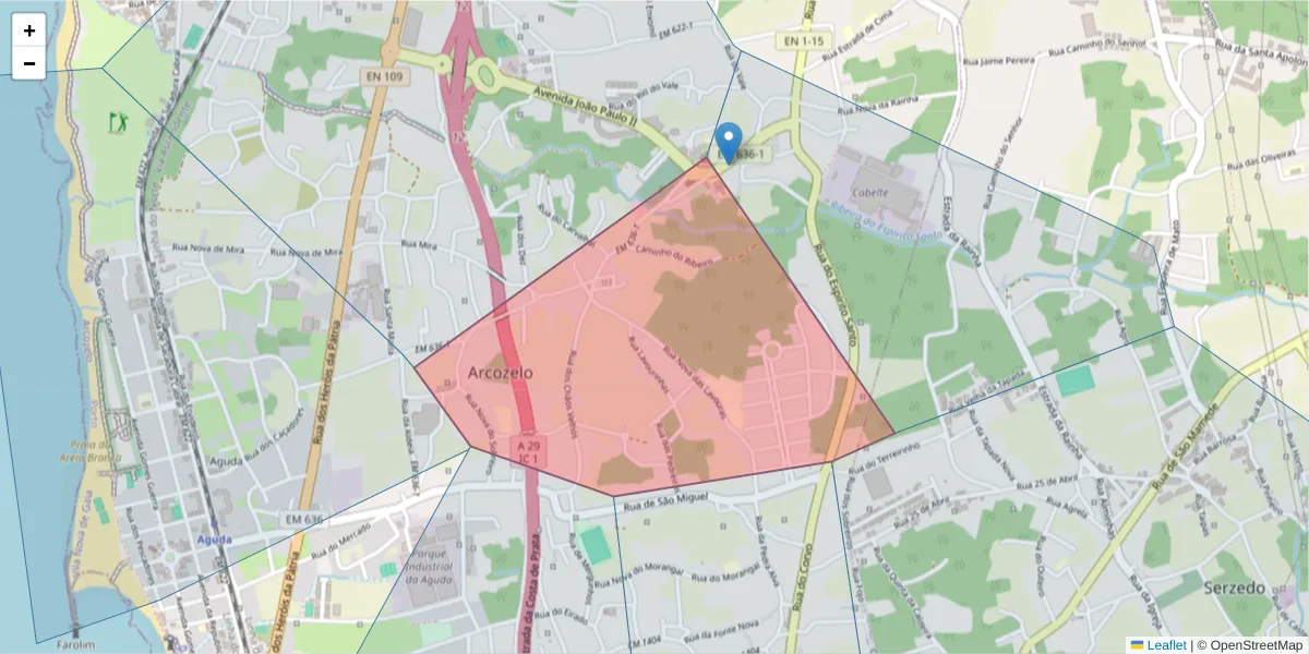 Mapa detalhado do código postal 4405-070 com limites, códigos postais vizinhos e agências dos correios