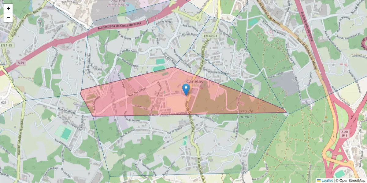 Mapa detalhado do código postal 4405-279 com limites, códigos postais vizinhos e agências dos correios