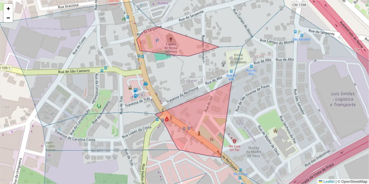 Mapa detalhado do código postal 4405-285 com limites, códigos postais vizinhos e agências dos correios