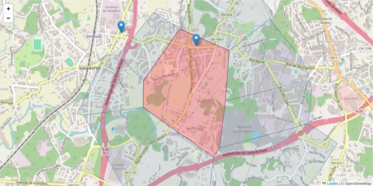 Mapa detalhado do código postal 4405-535 com limites, códigos postais vizinhos e agências dos correios