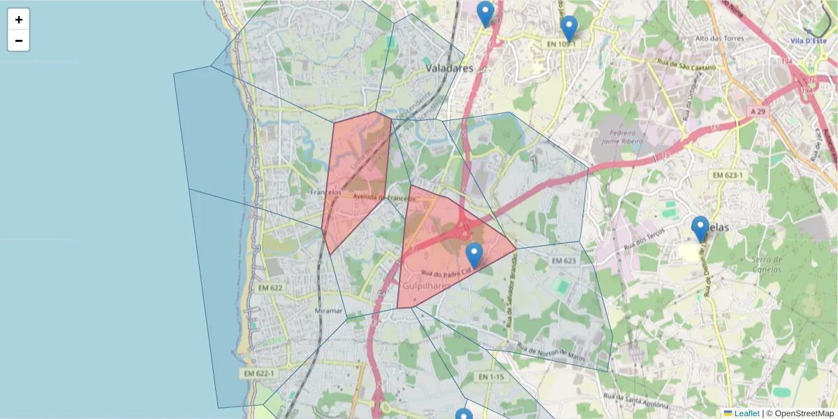 Mapa detalhado do código postal 4405-647 com limites, códigos postais vizinhos e agências dos correios