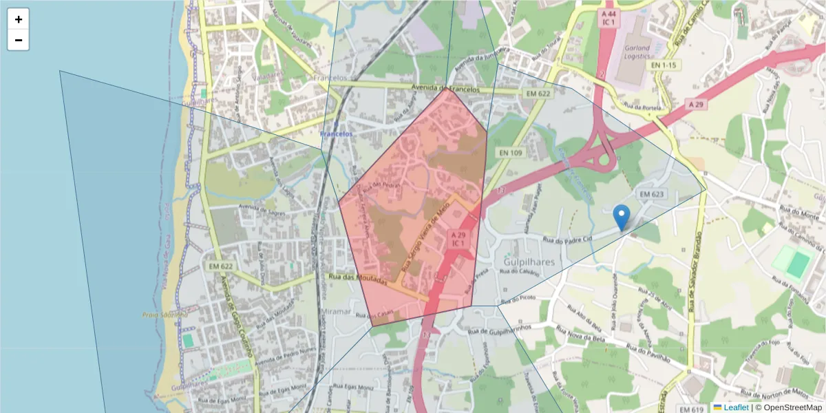 Mapa detalhado do código postal 4405-654 com limites, códigos postais vizinhos e agências dos correios