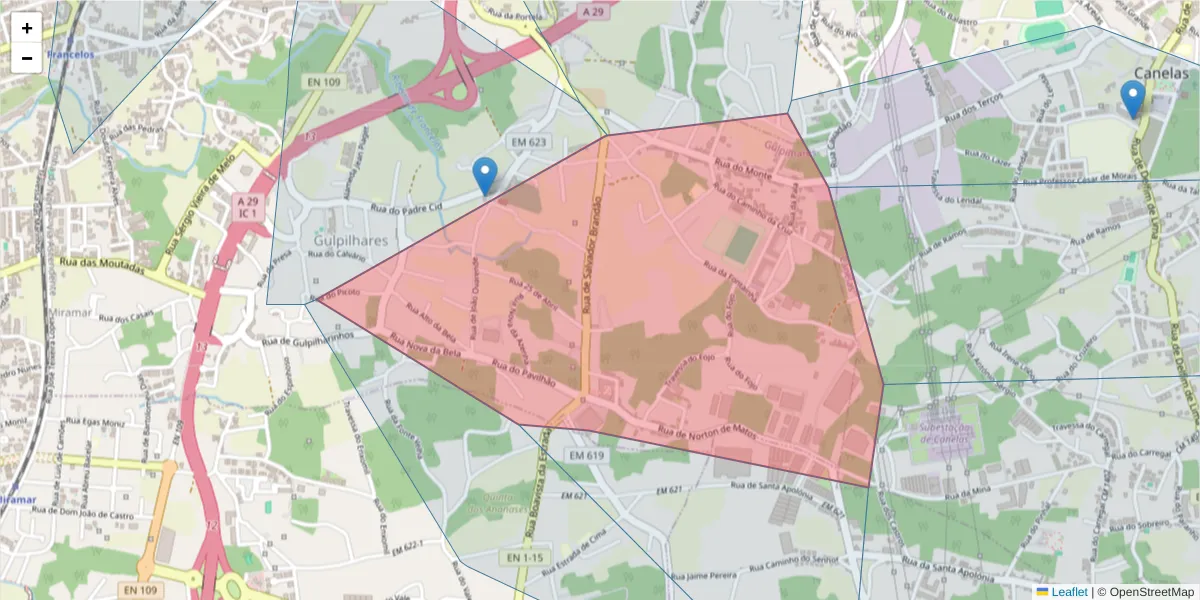 Mapa detalhado do código postal 4405-671 com limites, códigos postais vizinhos e agências dos correios