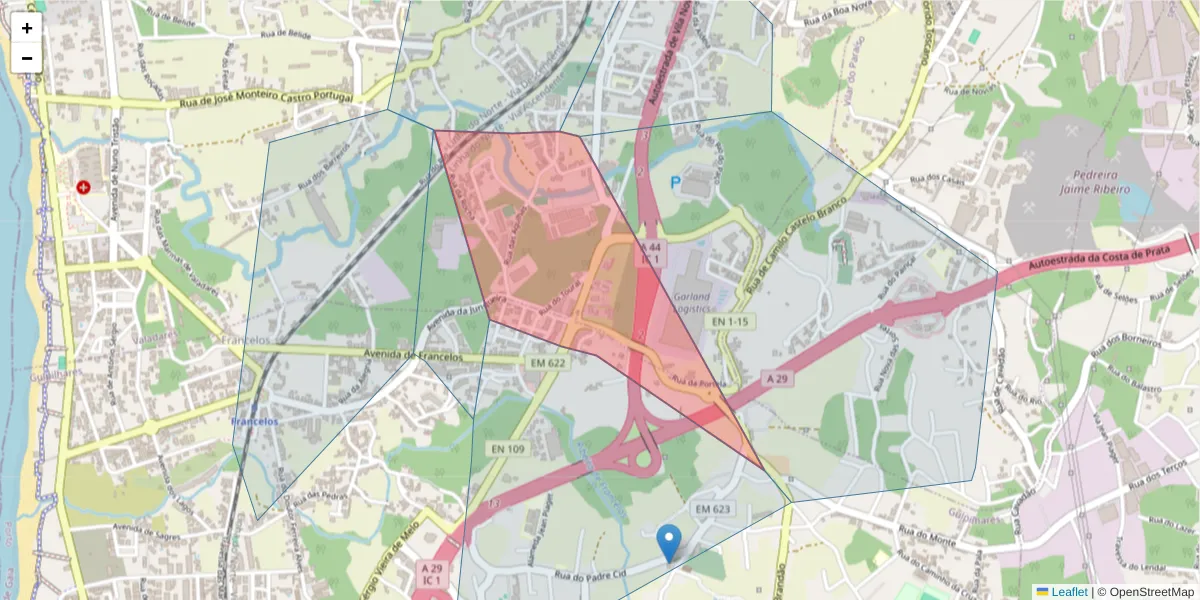 Mapa detalhado do código postal 4405-707 com limites, códigos postais vizinhos e agências dos correios