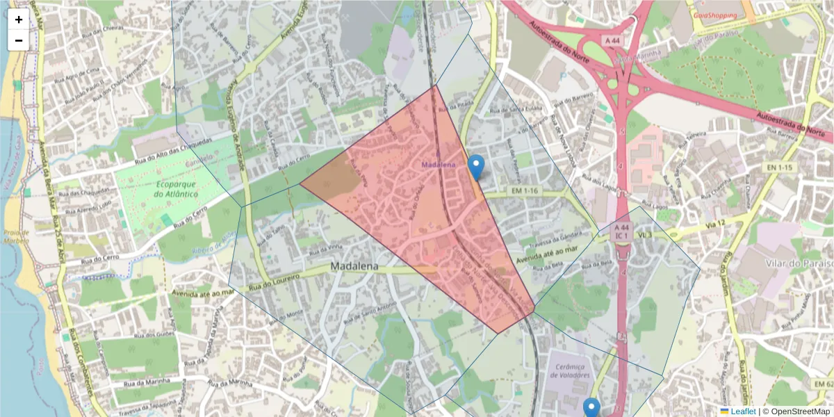 Mapa detalhado do código postal 4405-726 com limites, códigos postais vizinhos e agências dos correios