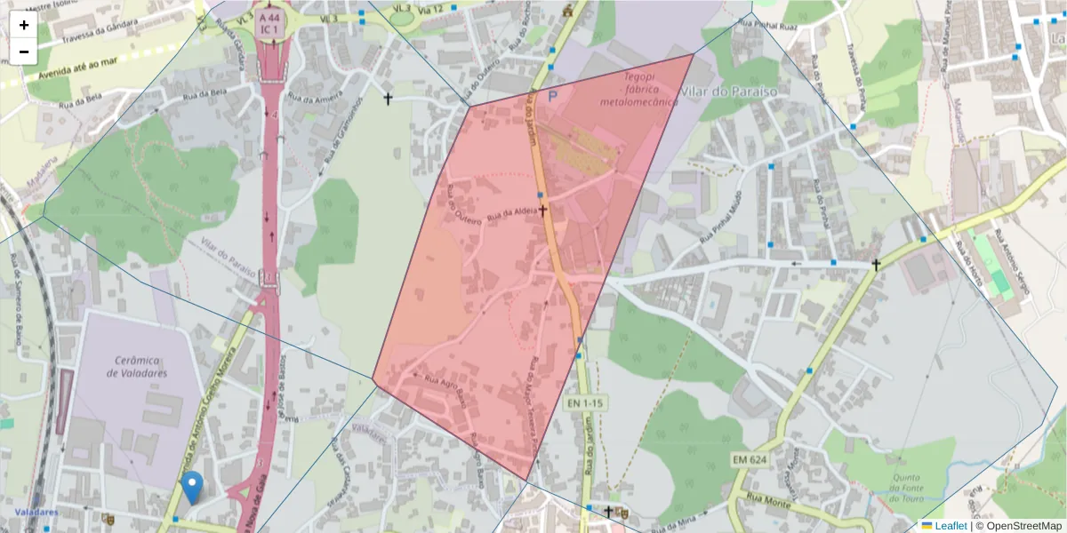 Mapa detalhado do código postal 4405-824 com limites, códigos postais vizinhos e agências dos correios
