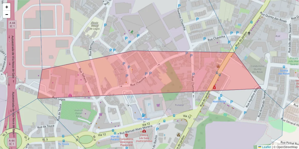 Mapa detalhado do código postal 4405-868 com limites, códigos postais vizinhos e agências dos correios